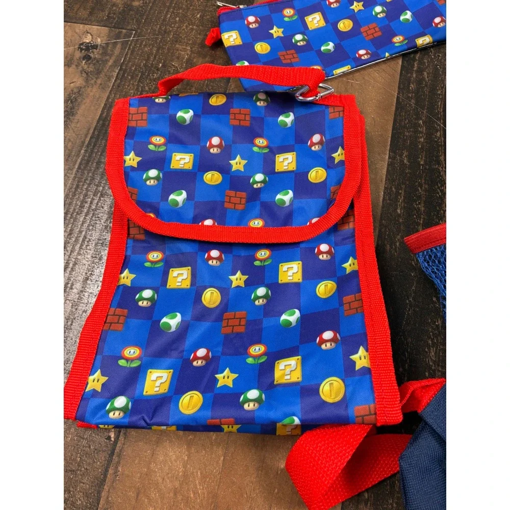 Nintendo Super Mario Bros 3 Piece Backpack Set Lunch Bag Pencil Case Blue Red